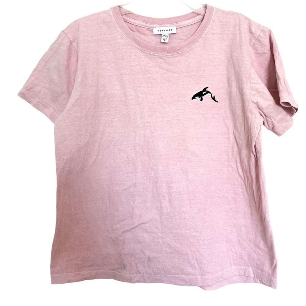 Topshop ASOS Pink Whale Embroidered Short Sleeve Tee Graphic Shirt Size S